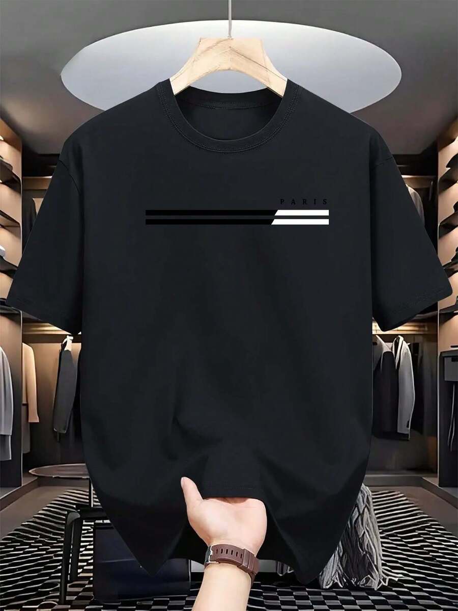 Camiseta Casual de Manga Corta para Hombre con Impresión Gráfica de París - Blanca, Corte Regular, Cuello Redondo, Lavable a Máquina para Atuendo Casual, Estilo de Calle, Diseño Minimalista, Material Suave, Camiseta Impresa, Estilo Urbano, Conjunto de Fin de Semana, Moda Moderna, Material Cómodo, Top Elegante, Jóvenes Adultos - Negro - Ver 1