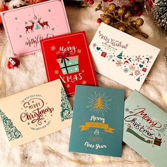 10pcs Colorful Christmas Greeting Cards, Ins Style Christmas Gift Box Thank You Cards, Business Holiday Blessing Postcards