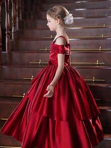 青少年女孩长款露肩酒红色连衣裙，适合儿童生日派对、婚礼、新年、圣诞节、节日场合、花童礼服、舞会、派对 - 酒紅色 - 查看 8