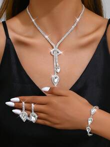 1 Set Fashion Waterdrops Rhinestone Earrings Necklace Bracelet Jewelry Set, Suitable For Women's Daily, Wedding, Banquet & Party Wear