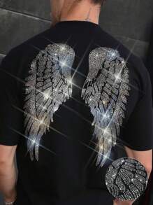 Camiseta de cuello redondo de manga corta casual y versátil con patrón de alas de rhinestone para hombres, verano - Negro - Ver 2