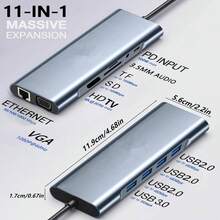 NUO XI 11 合 1 USB C 集线器适配器，带 4K USB C 转 HDTV、VGA、100Mbps 以太网、100W PD、3 USB-A 5Gbps、MicroSD/SD 读卡器，兼容大多数 C 型设备 - 灰色 - 查看 4