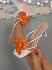 Floral Decor High Heel Sandals, Suitable For Beach, Travel, Heel, Sandals For Women, Dates, Commuting, Parties And Gatherings - Orange - View 2