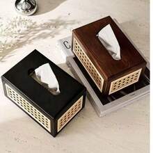 Wooden Tissue Box With Rattan Woven Tabletop, Wooden Tissue Paper Storage Box, Suitable For Living Room And Dining Room Tissue Box.