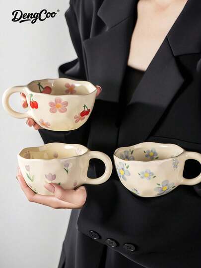 Dengcoo 1 Piece Ceramic Coffee Cup, Ins Style Flower Mug, Tulip Cup, Highly Attractively Breakfast Cup And Milk Cup For Home And Office, Suitable For Afternoon Tea, Breakfast, Back To School Season And Home Decoration