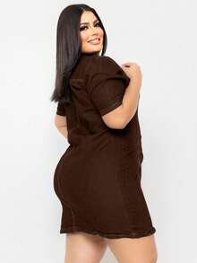 Plus Size Denim Dress With Puff Sleeves And Lycra - 鏽棕色 - 查看 2