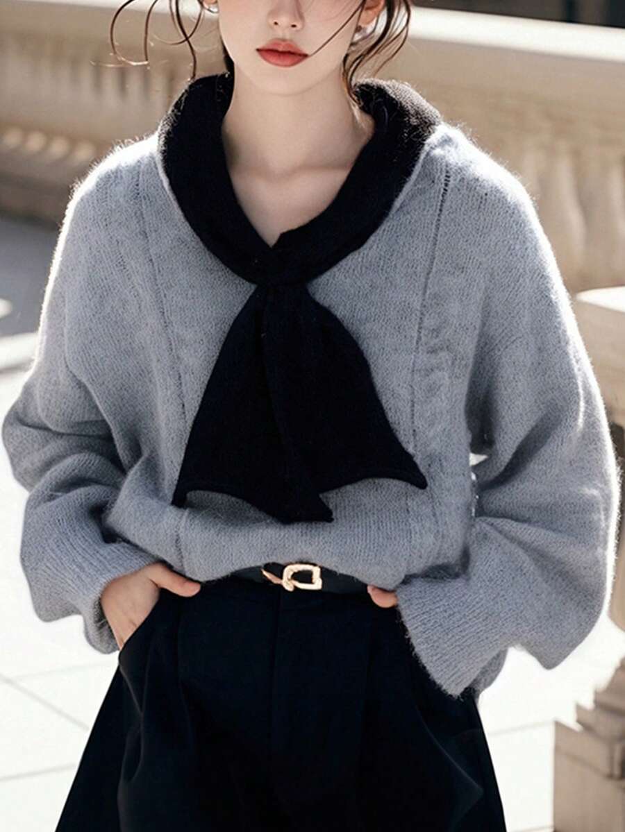 女士休闲复古法式水手领套头衫,秋冬 - 灰色 - 查看 1