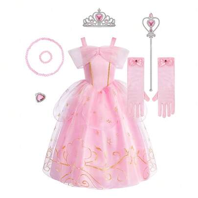 8 件套女童粉色透明花卉图案无袖连衣裙（含配饰），儿童公主狂欢节圣诞派对角色扮演连衣裙