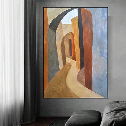 1PC Large Hand-Painted Abstract Oil Painting Mural, Optional Wooden Frame Retro Architectural Canvas Art, Fall Home Decor Romm Decor, Very Suitable For Conference Rooms, Halls Or Galleries, Wall Decorations