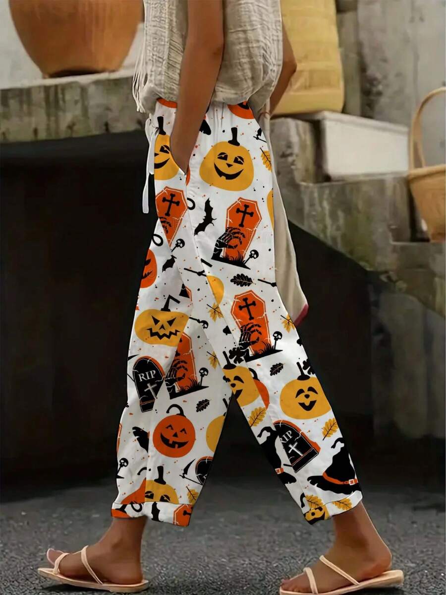 Plus Size Women's Halloween Print Drawstring Casual Pants - Multicolor - View 1
