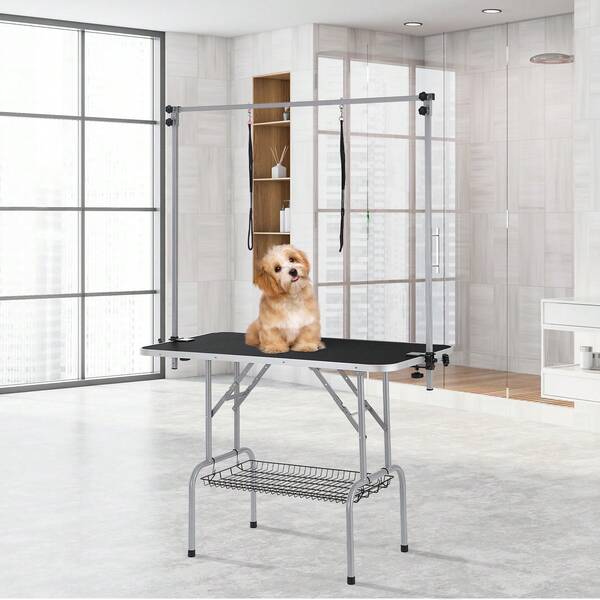 Pet Grooming Table Two Arms With Clamp, 117cm Dog Grooming Station, Foldable Pets Grooming Stand For Medium And Small Dogs, Free Two No Sit Haunch Holder With Grooming Loop, Bearing 149.7kg