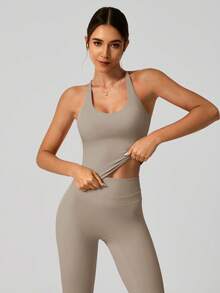 NcmRyu Bộ đồ thể thao gồm áo hai dây và quần legging màu trơn. - Màu Khaki - Xem 6