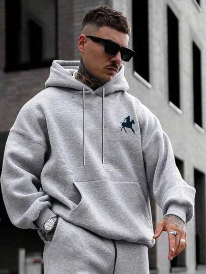 Herren Lässig Minimalistischer Ritter Logo Muster Kordelzug Kapuzen Fleece Sweatshirt, Herbst/Winter