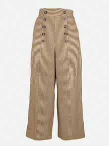 Women's Fashion Casual Striped Print Button Decor Oversized Wide Leg Pants - Khaki - View 3