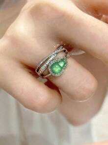 1pc Multi-Layer Criss-Cross Rhinestone Ring, Green Gourd Open Ring, Fashionable Luxury Silver Copper Ring Suitable For Women's Daily, Party, Banquet, Date Wear, New Autumn/Winter Jewelry Gift - 銀色 - 查看 5