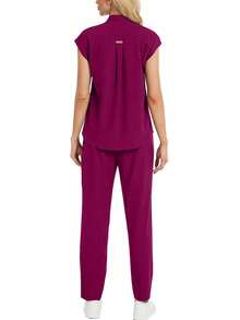2 Pieces Set Women Casual Stand Collar $Hort Sleeve T-Shirt & Pants Scrub Uniform Suit, For Summer - Red Violet - View 1