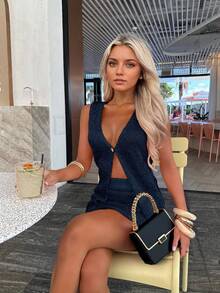 Bộ 2 món áo không tay ôm sát thanh lịch và chân váy ôm sát dành cho nữ, trang trí nút sáng bóng, thích hợp mặc dự tiệc, mặc hàng ngày, xuân/hè, hẹn hò đêm - Màu xanh hải quân - Xem 6