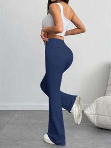 Women's 3-Piece Casual Solid Color Wide-Waist Flare Pants, Leggings Fold-Over Waist High Waist Ruched Slim Fit,Outdoor Clothing Fall Outfits For Women - 淺色 - 查看 5