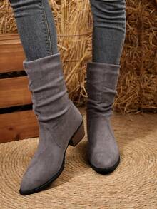 Jesienno-zimowe damskie buty zamszowe w stylu vintage, plisowane, z szerokimi noskami, grube obcasy, buty jeździeckie z kwadratowymi noskami, styl zachodni, na imprezę - Szary - Zobacz 3