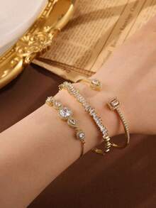 rundraw 3件套斋月手镯套装，铜质镀金锆石材质，深受魅力女孩喜爱 - 金色 - 查看 2