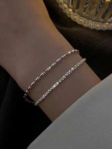 1 Vòng tay hai lớp nhẹ họa tiết hạt gạo gợn sóng bạc Sterling 925 tinh tế dành cho nữ, trang sức cao cấp, quà tặng dự tiệc, quà tặng sinh nhật, đeo hàng ngày - Vòng tay hai lớp lấp lánh hạt gạo - Xem 2