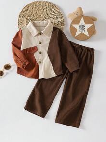 2 Stücke Jungen Vintage Cord Set, Kontrastfarben Fake Tasche Design Kragen Langarm Strickjacke + Einfarbige Gerade Bein Hose, geeignet für Lässig Ausflüge, Schule, Sport, Festivals, Alltags Tragen im Frühling und Herbst