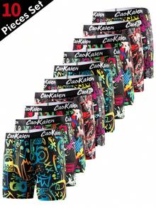 10条装 高级时尚透气速干男士长款平角内裤 - 黑色 - 查看 1