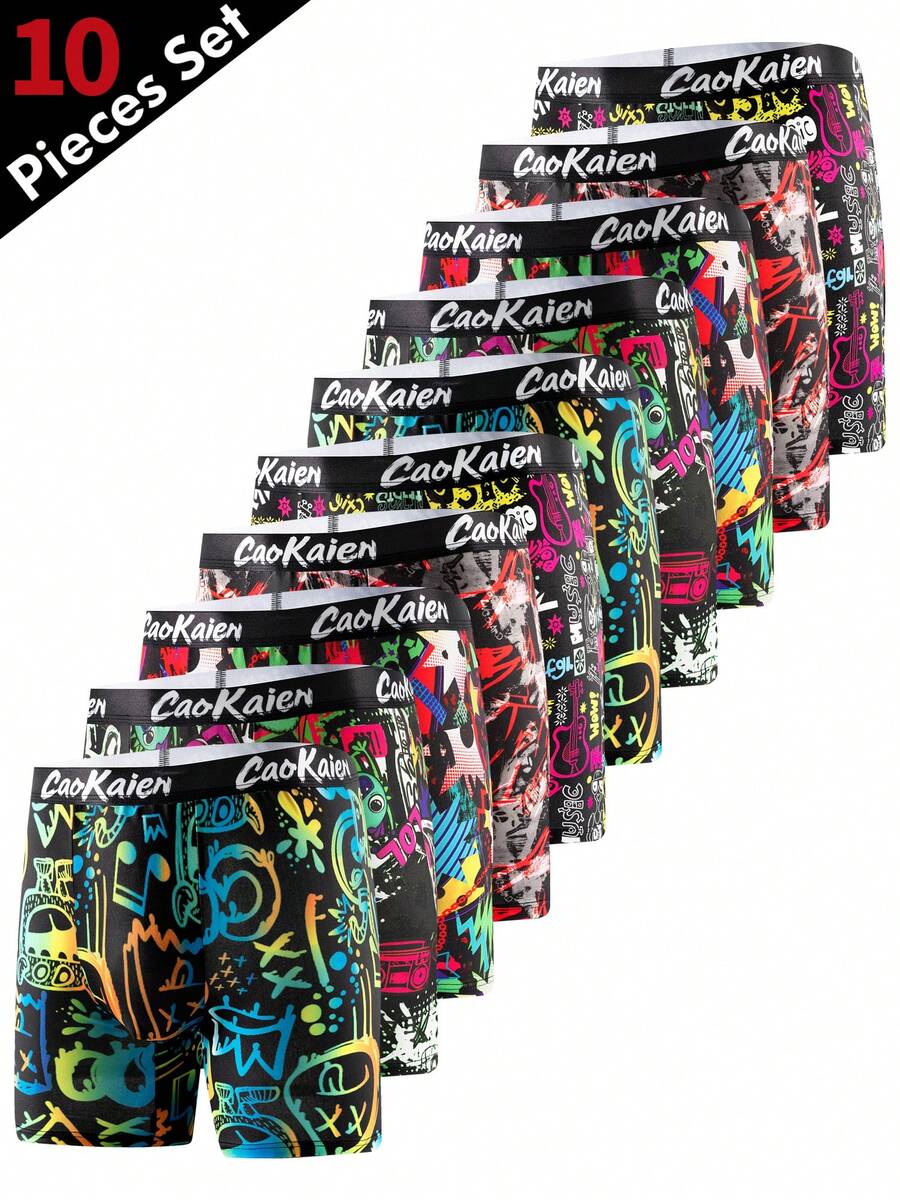 10条装 高级时尚透气速干男士长款平角内裤 - 黑色 - 查看 1