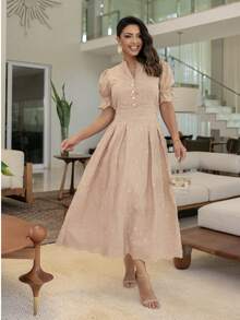 Vestido midi Luxo elegante lese bordado 3D com cinto manga curto - Rosê - Visão 1