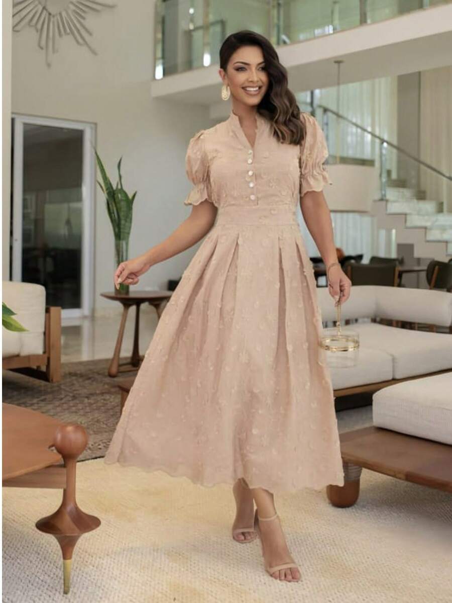 Vestido midi Luxo elegante lese bordado 3D com cinto manga curto - Rosê - Visão 1