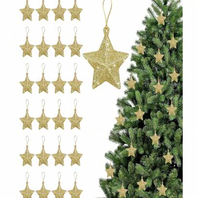 24/12件/金色闪光星星装饰品，5厘米五角星装饰品，3D闪光星星吊坠，适用于室内外圣诞树壁炉装饰，冬季圣诞节假日派对礼物装饰