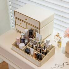1pc Multi-Drawer Makeup Storage Box, Desktop Organizer, Woven Jewelry Box, Compartmentalized Cosmetic Storage, Large Capacity Makeup Display Rack, Leather Woven Texture Storage Container, Handmade Skincare Bottle & Jar Holder, Suitable For Home Organization, Entryway, Living Room, Bedroom, Vanity