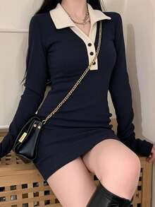 女士撞色领修身休闲连衣裙，春夏优雅款 - 藏蓝色 - 查看 4