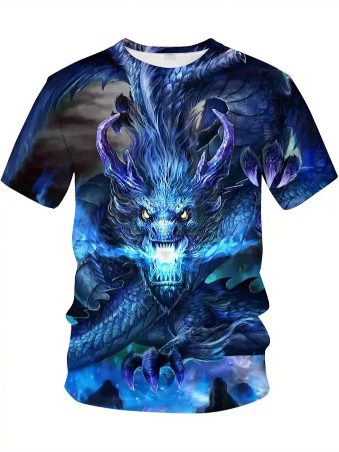 Men's 3D Dragon Pattern Full Body T-Shirt - Bright Blue And Purple Wrap Design, Breathable Summer Fabric, Regular Fit Short Sleeve Top Suitable For Casual Outings And Parties, Fantasy Clothing - 白色 - 查看 1