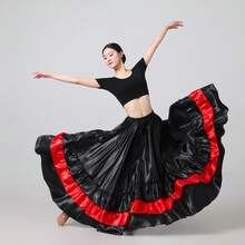 1PC Czarno-czerwona kolorowa spódnica w kształcie koła z pełnym okręgiem, długa spódnica do tańca brzucha, zwiewna, długa spódnica w stylu boho, satynowa, lekka, letnia sukienka na plażę, elegancka spódnica typu swing w kształcie litery A