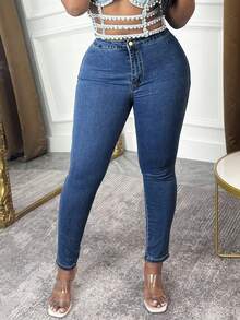 Fall Winter Stretch High Waist Skinny Jeans Women,Casual Slim Fit Denim Pants, Suitable Daily, Home, Office - 深色水洗藍 - 查看 5