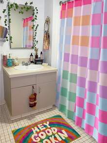 Multicolored Checkered Retro Fabric Shower Curtain For Bathroom, 66x72 Inch, Rainbow Colorful Modern Simple Groovy Funky Shower Curtain Set With Hooks, Aesthetic Bathroom Decor - 柔和多彩 - 查看 3