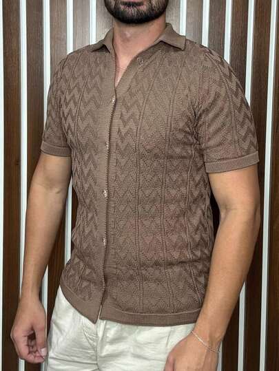 Camisa Masculina Botão Manga Curta Tricot Modal Premiun Casual Primavera Outono Verão Old Money
