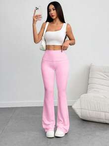 Women's 3-Piece Casual Solid Color Wide-Waist Flare Pants, Leggings Fold-Over Waist High Waist Ruched Slim Fit,Outdoor Clothing Fall Outfits For Women - 淺色 - 查看 10