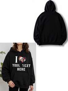 Customized Photo & Text Plus Size Women's Fleece Sweatshirt For Valentine's Day, Christmas, Personalized With Lucky Number & Blessing For Couples, Family, Pet, Friend, Autumn/Winter, Holiday/Birthday Gift, Party - Black - View 3
