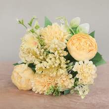 Artificial Peony Bouquet Fake Flowers UV Resistant Faux Plants For Vase Wedding Decor - Light Yellow - View 1