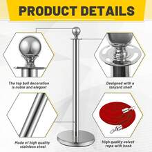 4-Piece Silver Pole Set With 3*1.5m Red Plush Cords – Hollow Base With Sand Filling | Crowd Control Barriers For Parties, Weddings & Red Carpets - 銀色 - 查看 4