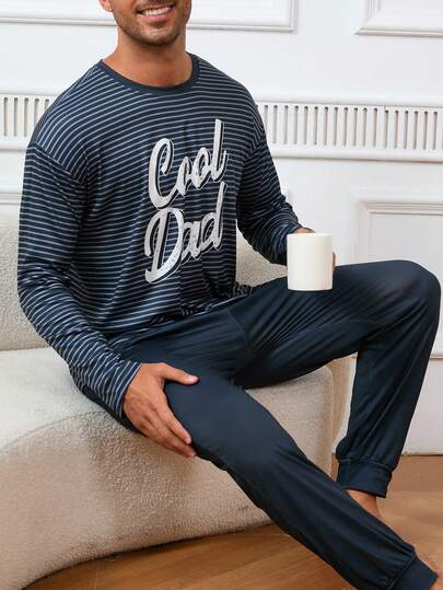 Men's Striped & Letter Print Crew Neck Long Sleeve Top And Solid Color Long Pants 2 Pieces Casual Loungewear Set, Spring/Autumn
