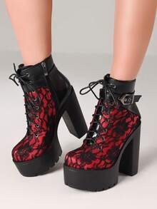 Y2K Goth Platform Ankle Boots For Women Fashion Block Chunky High Heels Punk Buckle Lace-Up Side Zipper Party Cosplay Boots Woman - Đỏ - Xem 3