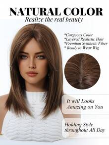 14 Inch Brown Wig With Bangs, Layered And Fashionable, Women's Synthetic Fiber Wig, Comfortable And Suitable For Holidays, Gatherings, And Everyday Wear - Brown - View 3