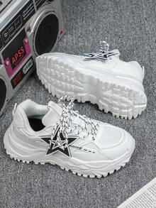 4-Season Men's White Fashionable Thick-Sole Sneakers, Removable Star Pendant, Comfortable Chunky Casual High Street Retro Athflow Style Shoes Suitable For Christmas Gift, Commuting And Streetwear - White Star Black and White - View 3