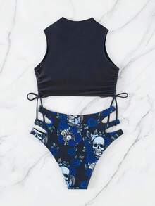 Bañador Bikini Con Estampado Floral Con Cráneo Con Cordón Lateral,Traje De Baño Conjunto 2 Piezas Para Mujer,Trajes De Baño - Azul - Ver 3