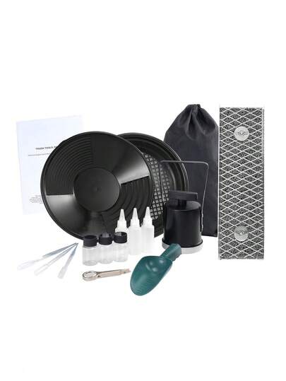 1 Set Mini Sluice Box Gold Panning Kit, Portable Manual Gold Panning Tool,Durable Plastic Gold Pan,Easy To Separate,12inch Aluminum Alloy Gold Mining Equipment, 16 PCS Gold Prospecting Kit With Gold Pan, Separating Magnet, Classifier Screen, Drawstring Backpack And More,Effectively Cleans River Sand,Suitable For Small River Treasure Hunting.Rust-Resistant Outdoor River Exploration And Gold Washing Tool