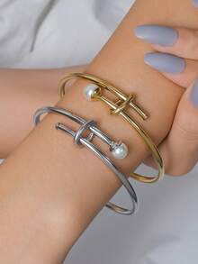 1pc Elegant Casual Faux Pearl Decor Stainless Steel Bangle Easily Matched Cuff Bracelet Classic Golden Or Silvery Jewelry Accessories For Women For Daily Wear