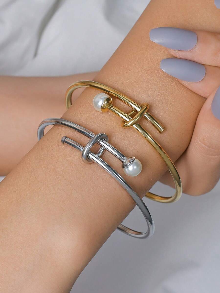 1pc Elegant Casual Faux Pearl Decor Stainless Steel Bangle Easily Matched Cuff Bracelet Classic Golden Or Silvery Jewelry Accessories For Women For Daily Wear